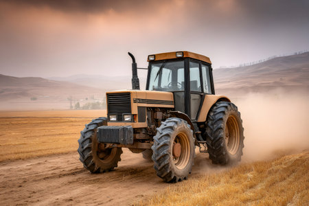 Powerful tractor working in a dry field, raising dust at sunset, creating a dramatic agricultural sceneの素材
