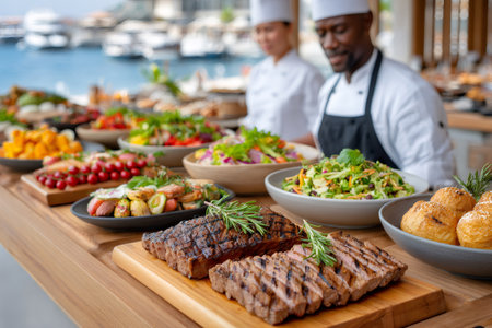 Chefs arranging grilled steak, salads, vegetables, and bread rolls on a buffet table in an outdoor restaurant with a sea viewの素材