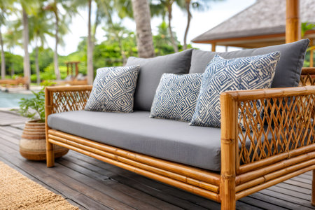 Stylish bamboo sofa with patterned cushions offers a relaxing spot by a luxurious hotel pool, surrounded by tropical palm treesの素材