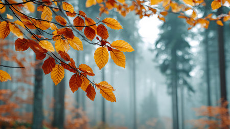 Wet orange leaves clinging to a branch in a foggy autumn forest create a serene and colorful natural sceneの素材