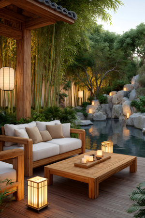 Tranquil bamboo garden with pond and wooden patio furniture illuminated with candles and lanterns at duskの素材