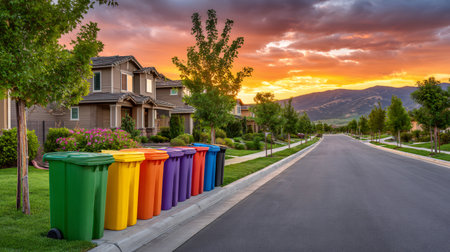 Multiple colorful trash cans sit on the curb of a suburban street as the sun sets behind the mountainsの素材