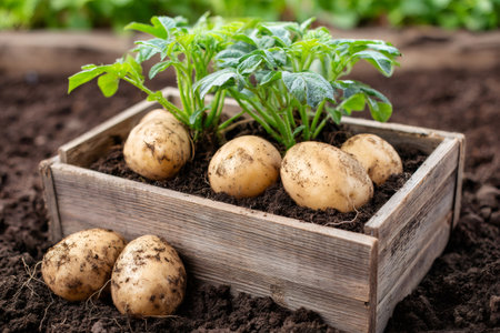 Young potato plant growing in a wooden crate surrounded by freshly harvested potatoes, showcasing the growth cycle from soil to tableの素材