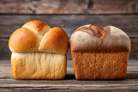 Two loaves of bread, one brioche and one rye, sit side by side on a weathered wooden table, showcasing their contrasting textures and colorsの素材