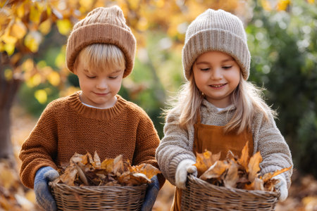 Two young children collecting fallen leaves in wicker baskets, enjoying a beautiful autumn day outdoorsの素材