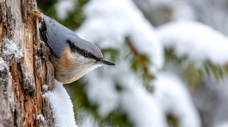 Close up of a Eurasian nuthatch exploring a snowy tree trunk in a winter forest, demonstrating its adaptability to cold climatesの素材