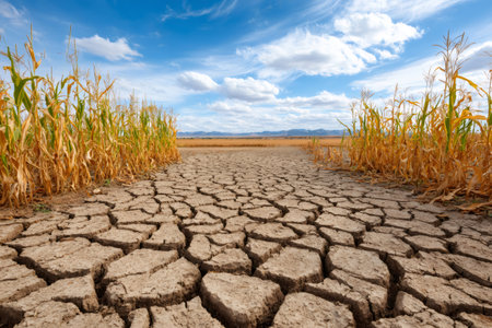Withered corn stalks frame a parched landscape, highlighting the devastating impact of severe drought on agricultureの素材