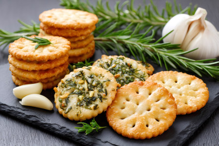 Delicious crackers topped with herbs and garlic on a slate boardの素材