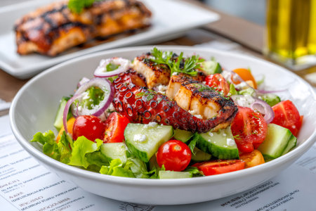 Delicious grilled octopus salad with fresh vegetables and feta cheese, perfect for a light and healthy mealの素材