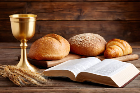 Golden chalice, bread, wheat and open book on rustic wooden table symbolizing communionの素材