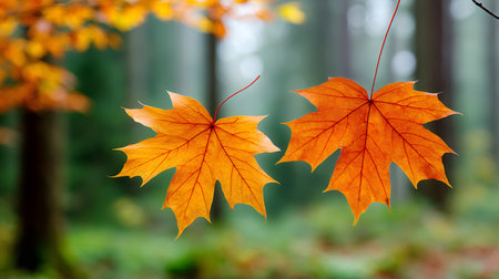 Two orange maple leaves hanging from a tree branch in an autumn forest, creating a serene and colorful sceneの素材