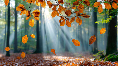 Autumn leaves falling from tree branches in a misty forest illuminated by sunbeamsの素材