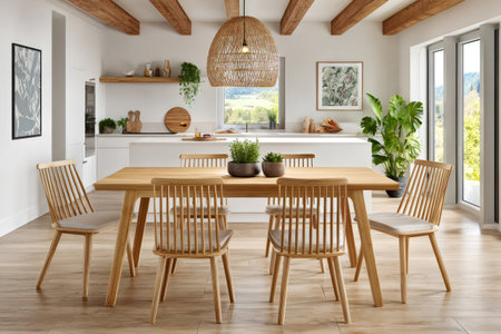 Bright and airy modern dining room interior with wooden furniture, plants, and a wicker lamp, creating a cozy and stylish atmosphereの素材