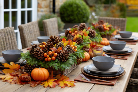 Beautiful autumn table setting with natural elements, creating a warm and inviting atmosphere for a fall gatheringの素材