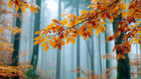 Vibrant orange leaves clinging to a branch in a foggy autumn forest, creating a serene and colorful sceneの素材