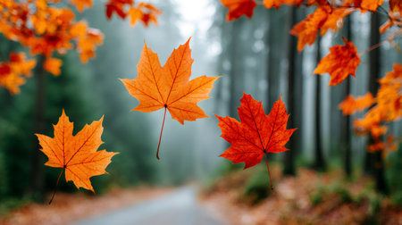 Vibrant maple leaves falling in a misty forest, creating a beautiful autumn sceneの素材