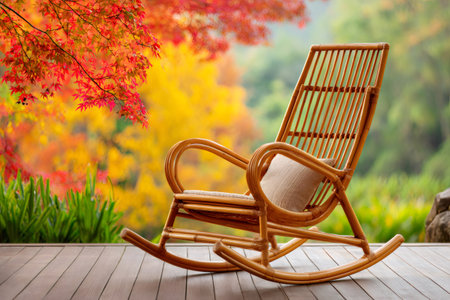 Wooden rocking chair relaxing on a deck with colorful autumn leaves in the backgroundの素材