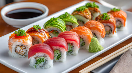 Variety of uramaki sushi rolls with different toppings served with wasabi, soy sauce and chopsticksの素材