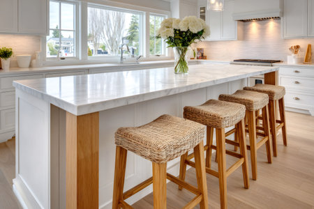 Bright, airy kitchen featuring a marble island, wicker bar stools, and white cabinetry, creating a clean and inviting spaceの素材