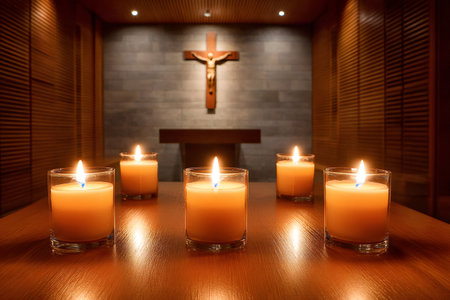 Burning candles create a warm glow in a serene chapel, with a crucifix symbolizing faith and hopeの素材