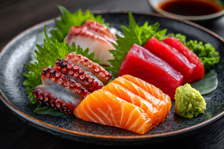 Fresh sashimi platter with a variety of raw fish, wasabi, and shiso leaves, served on a dark plateの素材