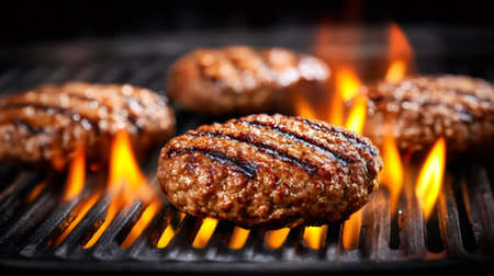 Tasty hamburger patties grilling on barbecue grill with fire flamesの素材