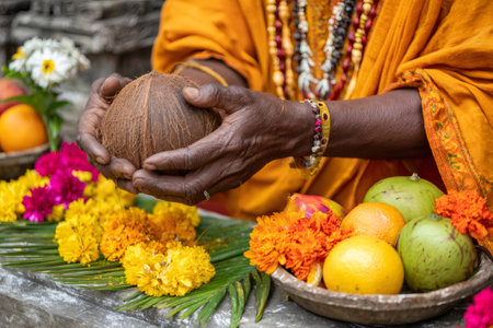 Priest holding a coconut during a religious offering with flowers and fruits in Indiaの素材