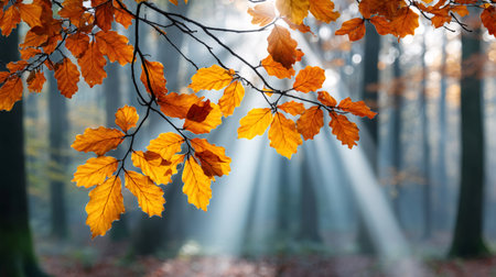 Sunbeams illuminate golden autumn leaves on a branch in a misty forestの素材