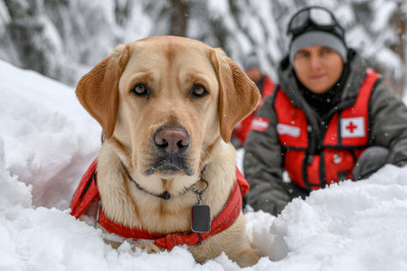 Search and rescue labrador retriever dog wearing a red vest lying in the snow with a rescuer in the backgroundの素材