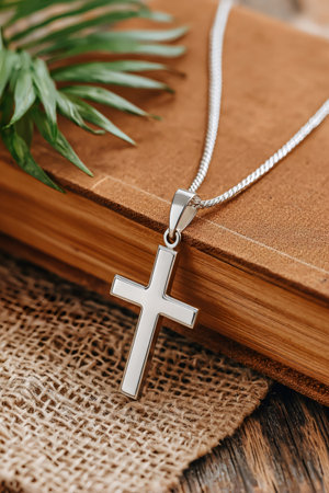 Silver cross necklace on a vintage book with palm leaf evokes themes of faith, spirituality, and traditionの素材
