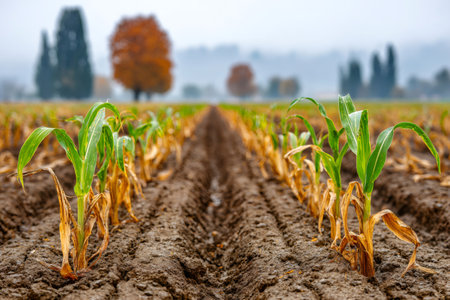 Rows of young corn plants growing in furrows on a cloudy autumn dayの素材