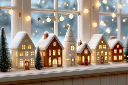 Christmas village decorated houses lighting up on window sill with fairy lights in backgroundの素材