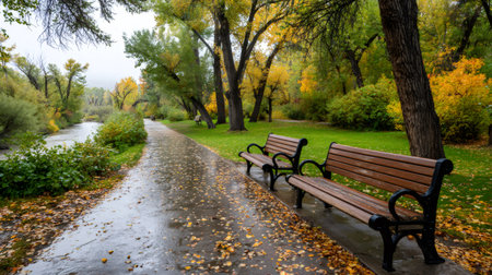 Fallen autumn leaves carpet a wet park path lined with benches alongside a riverの素材