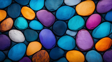 Smooth, polished pebbles in a spectrum of colors create a visually appealing mosaic pattern, ideal for backgrounds and design projectsの素材