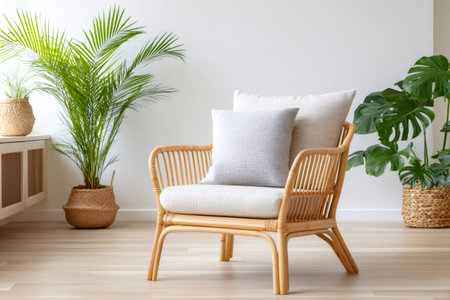 Stylish living room features a natural rattan armchair and lush potted plants, creating a calming and inviting atmosphereの素材