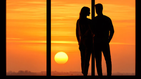 Silhouette of romantic couple enjoying golden sunset view from windowの素材