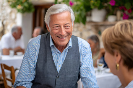 Elegant senior man smiling during lunch with friends at outdoor restaurantの素材