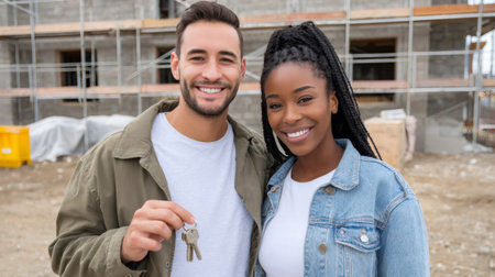 Smiling homeowners showing their new house keys in front of their building under constructionの素材