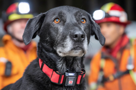 Search and rescue dog wearing tracking collar with firefighters in backgroundの素材