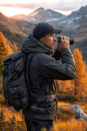 Professional photographer taking pictures of a beautiful mountain landscape during golden hourの素材
