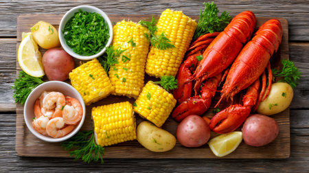 Seafood boil featuring lobster, shrimp, corn, potatoes, and lemon on a rustic wooden platter, creating an enticing summer mealの素材