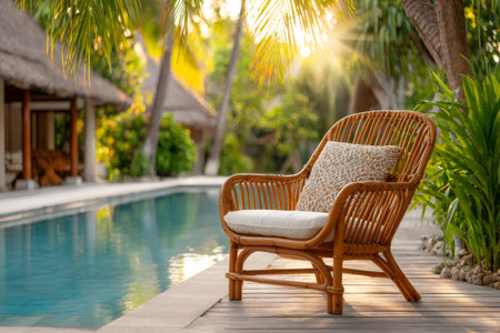 A comfortable rattan armchair sits poolside at a luxurious tropical resort, bathed in the warm glow of sunsetの素材