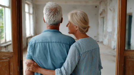 Senior couple looking at their renovated home, embracing and admiring the progress of their projectの素材