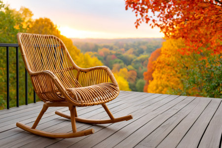 Wicker rocking chair placed on a wooden deck overlooking a vibrant autumn forest at sunset, creating a peaceful and scenic settingの素材