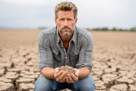 Worried farmer holding barren soil in his hands, kneeling in infertile cracked land during severe droughtの素材