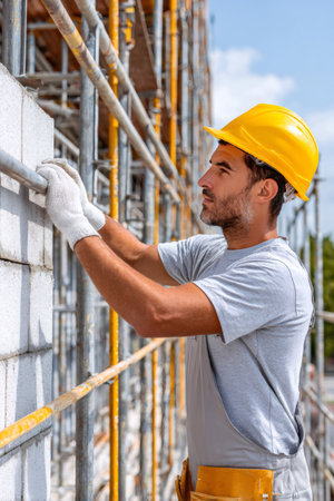Construction worker wearing safety helmet and gloves building a wall with concrete blocks on scaffolding at construction siteの素材