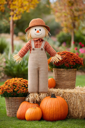 Cheerful scarecrow stands proudly amidst pumpkins, flowers, and hay bales, embodying the spirit of the fall harvest seasonの素材