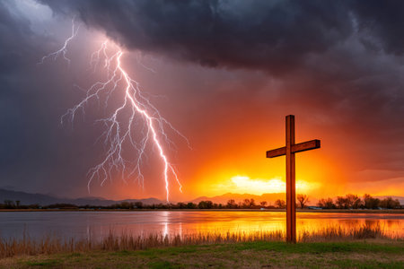 Dramatic lightning illuminates a wooden cross by a lake at sunset, creating a powerful scene of faith and natureの素材