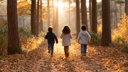 Three children running down a forest path covered in fallen leaves at sunset in autumnの素材