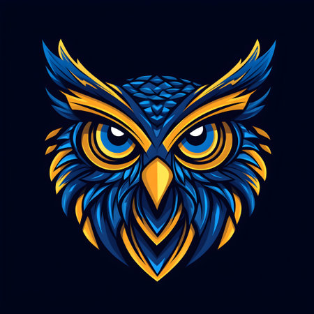 Striking illustration of an owl with intense blue eyes and blue and gold feathers, creating a powerful and captivating imageの素材